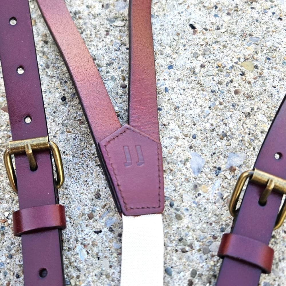 JJ Suspenders Brown Leather Suspenders EUC Metal Detail Adjustable Elastic Back